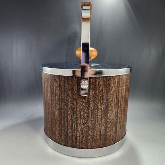 Atapco Chrome Wood Ice Bucket Vintage MCM w Lid Plastic Liner Tongs VTG Barware - Picture 5 of 13